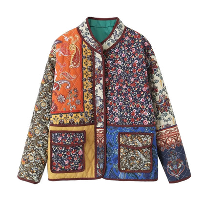Women's Quilted Patchwork Padded Jacket Relaxed Casual Winter Hooded Outerwear Coat