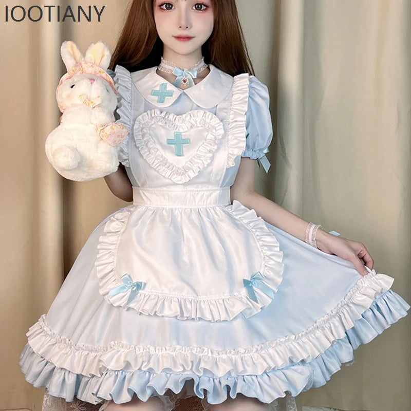 Sweet Pink Lolita Nurse-Maid Cosplay Dress with Cross Emblem and Ruffle Trims