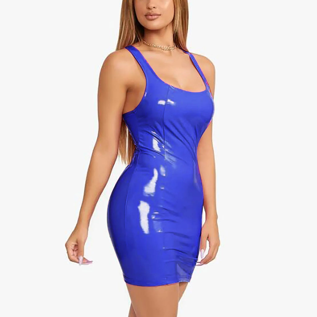 Vibrant Blue Glossy PU Leather Bodycon Mini Dress with Scoop Neckline