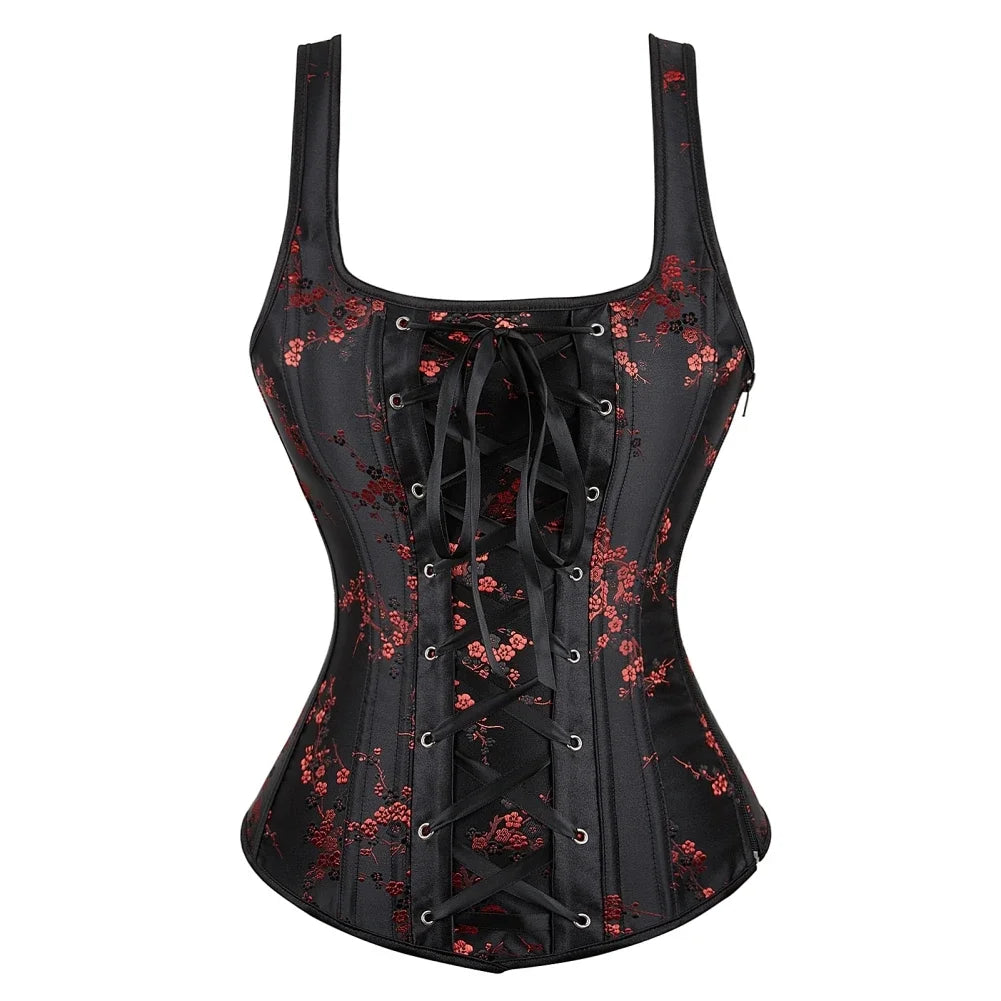 Vintage Floral Tapestry Overbust Corset with Wide Straps and Structured Seaming
