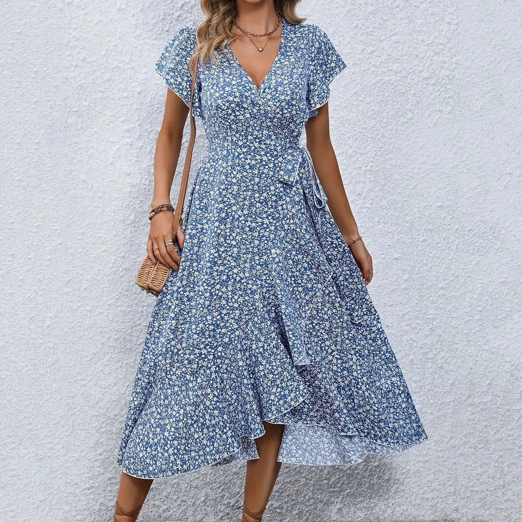 Printed Ruffle Hem Midi Dress with Relaxed A-Line Silhouette