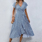 Printed Ruffle Hem Midi Dress with Relaxed A-Line Silhouette