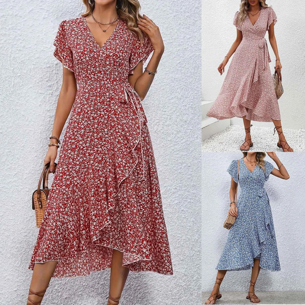 Printed Ruffle Hem Midi Dress with Relaxed A-Line Silhouette