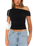 Women's Off Shoulder Ruched Crop Top for Minimalist Casual Streetwear Everyday Fashion Style