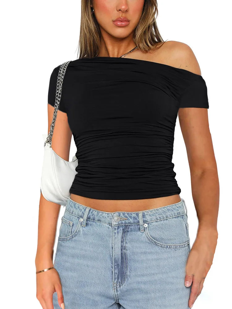 Women's Off Shoulder Ruched Crop Top for Minimalist Casual Streetwear Everyday Fashion Style