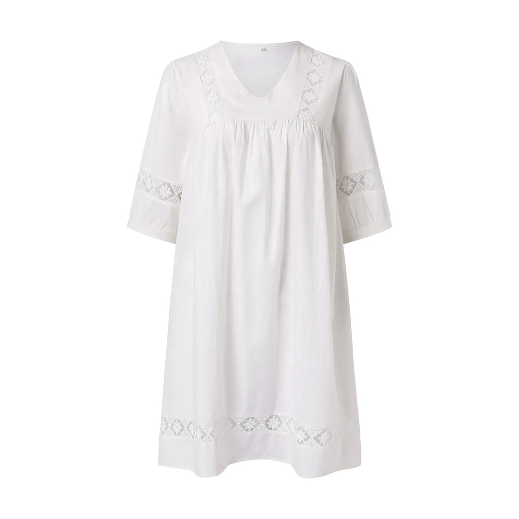 V-Neck Lace Panel Swing Mini Dress with Relaxed Flowy Silhouette