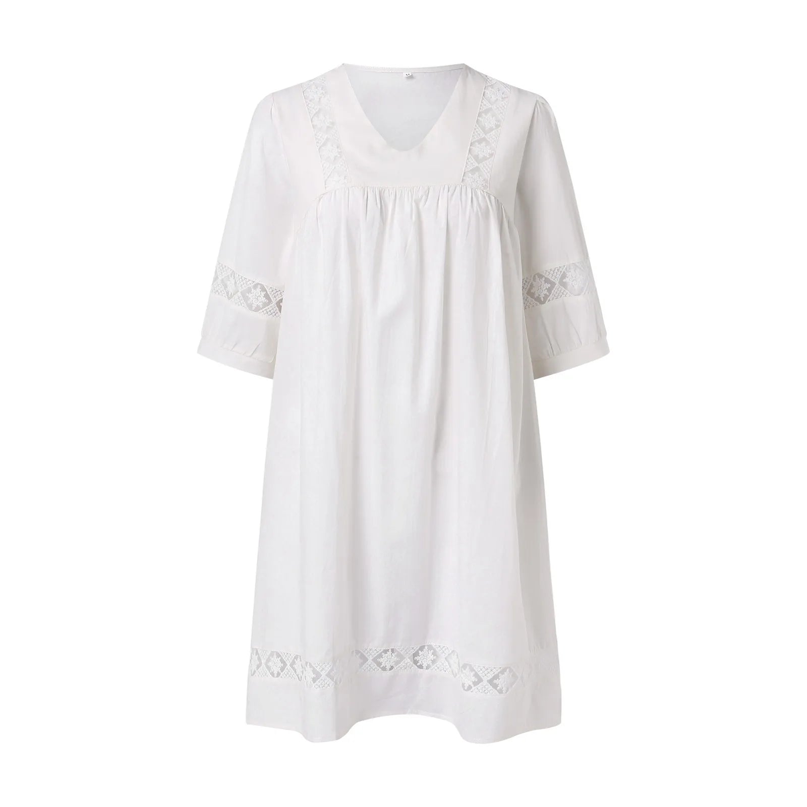 V-Neck Lace Panel Swing Mini Dress with Relaxed Flowy Silhouette