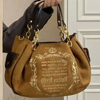Vintage Inspired Graphic Tote Bag with Chain Accents Large Capacity Design