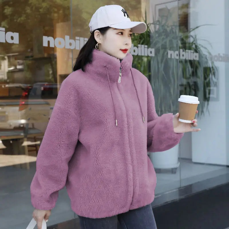 Women's Plush Fleece Zip-Up Jacket with Stand Collar Cozy Streetwear Winter Outerwear