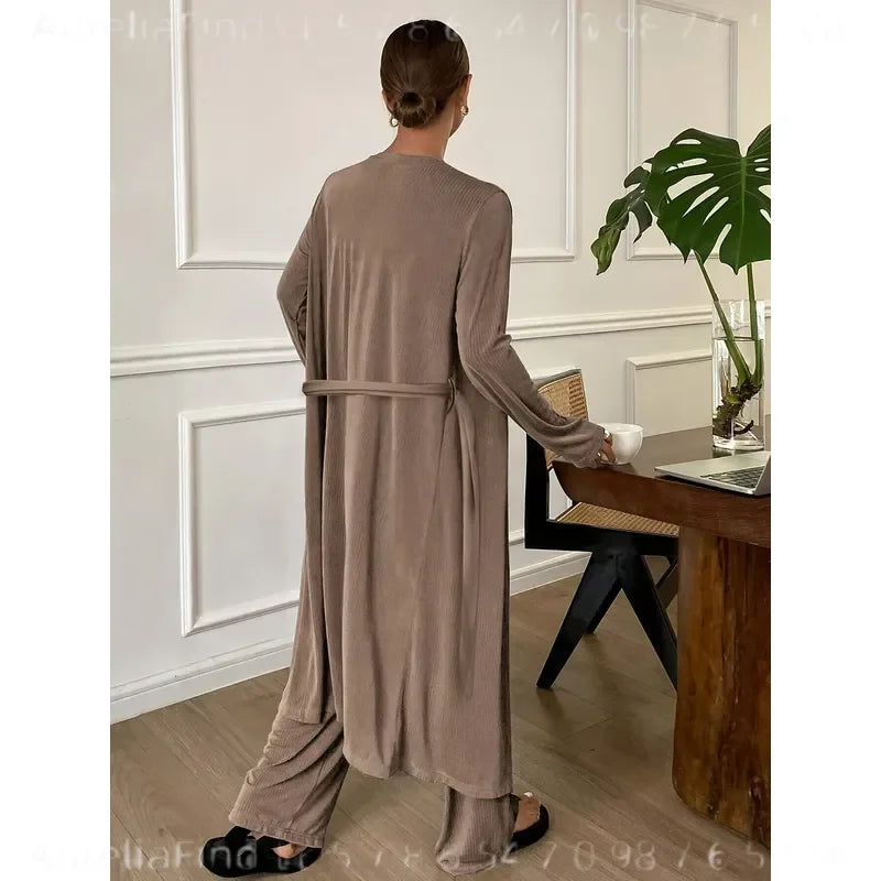 Women's Three-Piece Fall Pajama Set with Sleeveless Camisole, Long-Sleeve Robe and Matching Ankle-Length Pants