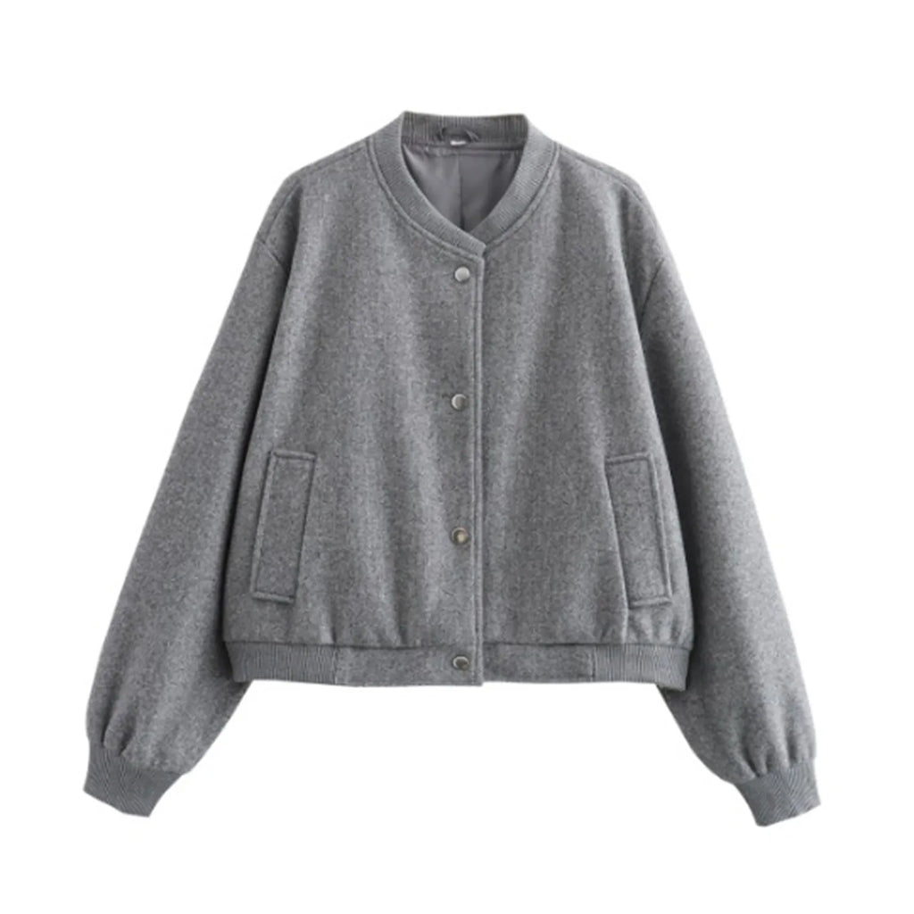 Women's Cropped Button Front Bomber Jacket Relaxed Casual Streetwear Layering Outerwear