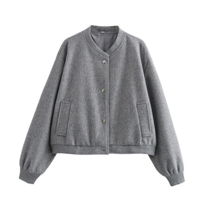 Women's Cropped Button Front Bomber Jacket Relaxed Casual Streetwear Layering Outerwear