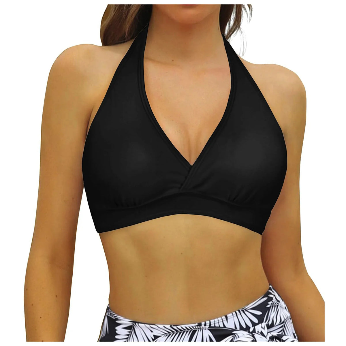 Solid Color Halter Neck Bikini Top with Wide Underband and Adjustable Tie-Back Closure