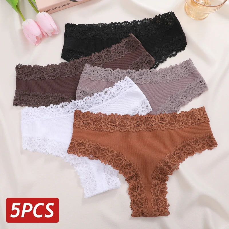 Five-Piece Ribbed Cotton-Blend Brazilian Panty Set with Floral Lace Trim