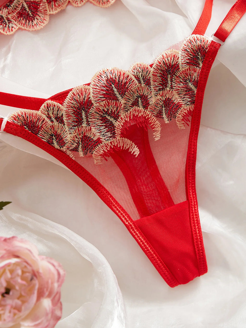 Bold Red Sheer Mesh and Floral Petal Embroidered Lingerie Set