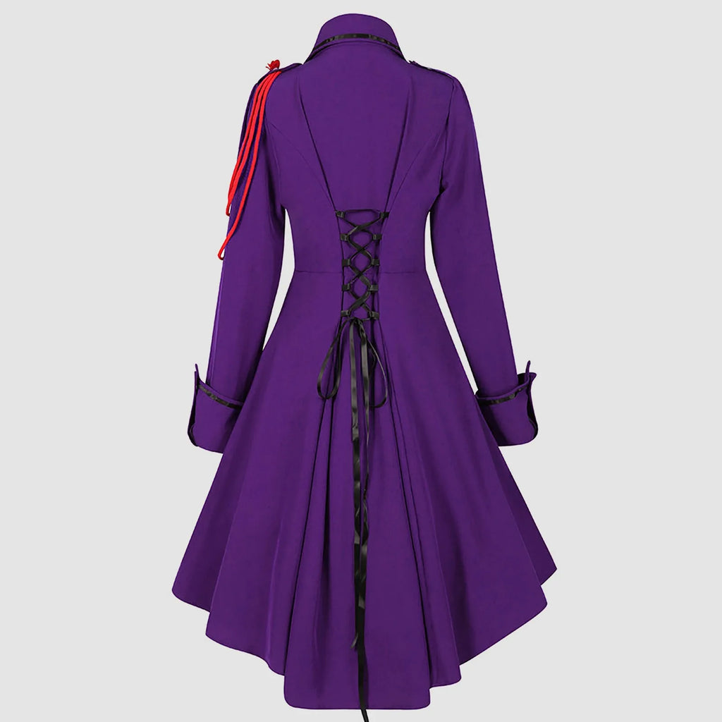 Vintage-Inspired Blue Victorian Coat Dress with Red Shoulder Cording and Bow Collar