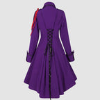 Vintage-Inspired Blue Victorian Coat Dress with Red Shoulder Cording and Bow Collar