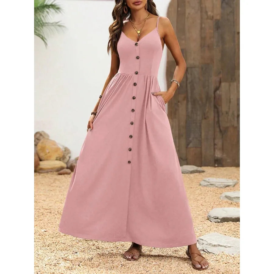 Button Front Maxi Dress With Relaxed A Line Silhouette