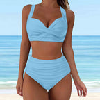 High-Waisted Blue Two-Piece Bikini Set with Structured Cup Detail and Feminine Frill Accent