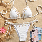Ribbed Earthy Brown Triangle Bikini with Seashell and Lace Trim