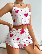 Sweetheart Print Two-Piece Cropped Camisole and Shorts Sleepwear Set with Lettuce Trim