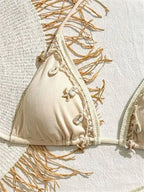 Earthy Olive Green Triangle String Bikini with Crochet and Shell Trim Details