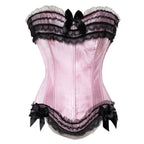 Playful Pink Satin Overbust Corset with Lace Trim and Delicate Bow Accents