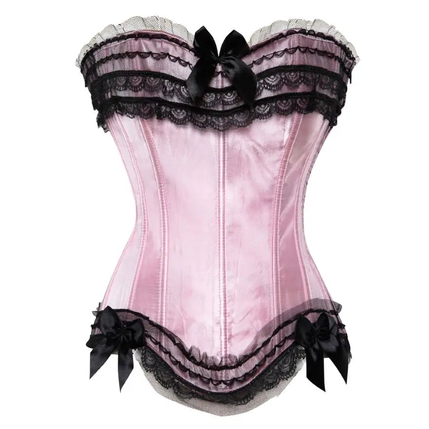 Playful Pink Satin Overbust Corset with Lace Trim and Delicate Bow Accents