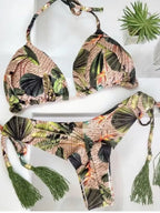 Tropical Palm Print Triangle Bikini Set with Twisted Rope Strap Details