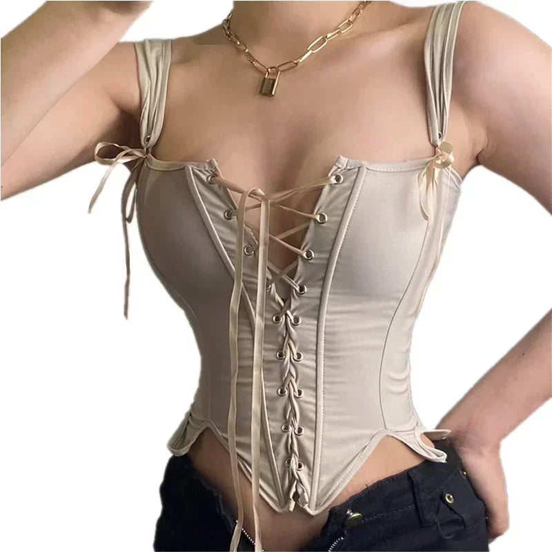 Lace-Up Corset Top with Adjustable Shoulder Ties and Sculpted Bodice