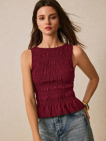 Smocked Sleeveless Tank Top with Ruffle Hem Casual Summer Everyday Style