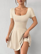 Square Neck Short Sleeve A-Line Mini Dress with Flared Skater Silhouette