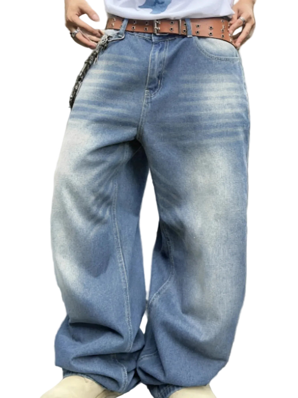 Men's Garment Washed Wide Leg Denim Jeans with Relaxed Floor Length Fit