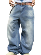 Men's Garment Washed Wide Leg Denim Jeans with Relaxed Floor Length Fit