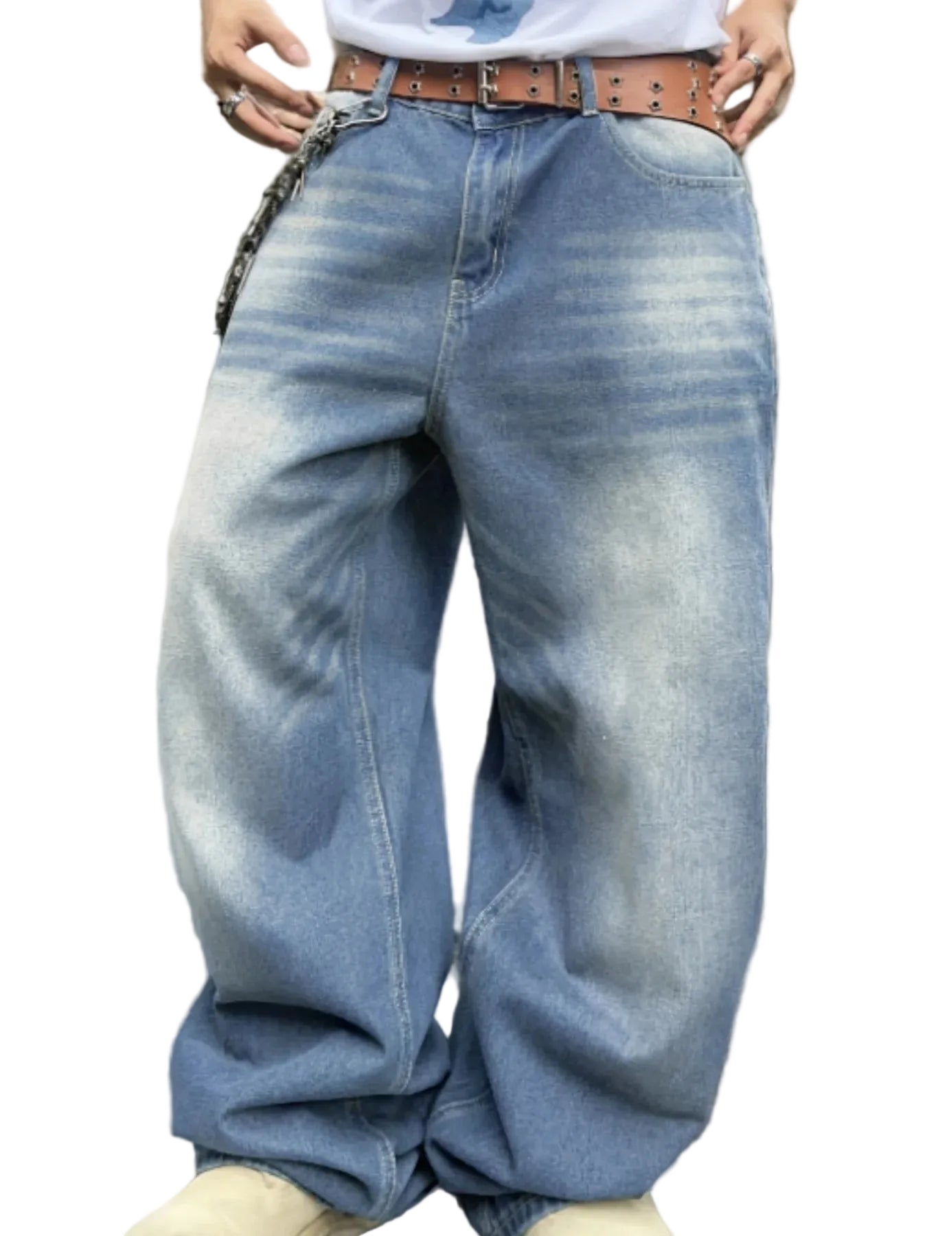 Men's Garment Washed Wide Leg Denim Jeans with Relaxed Floor Length Fit