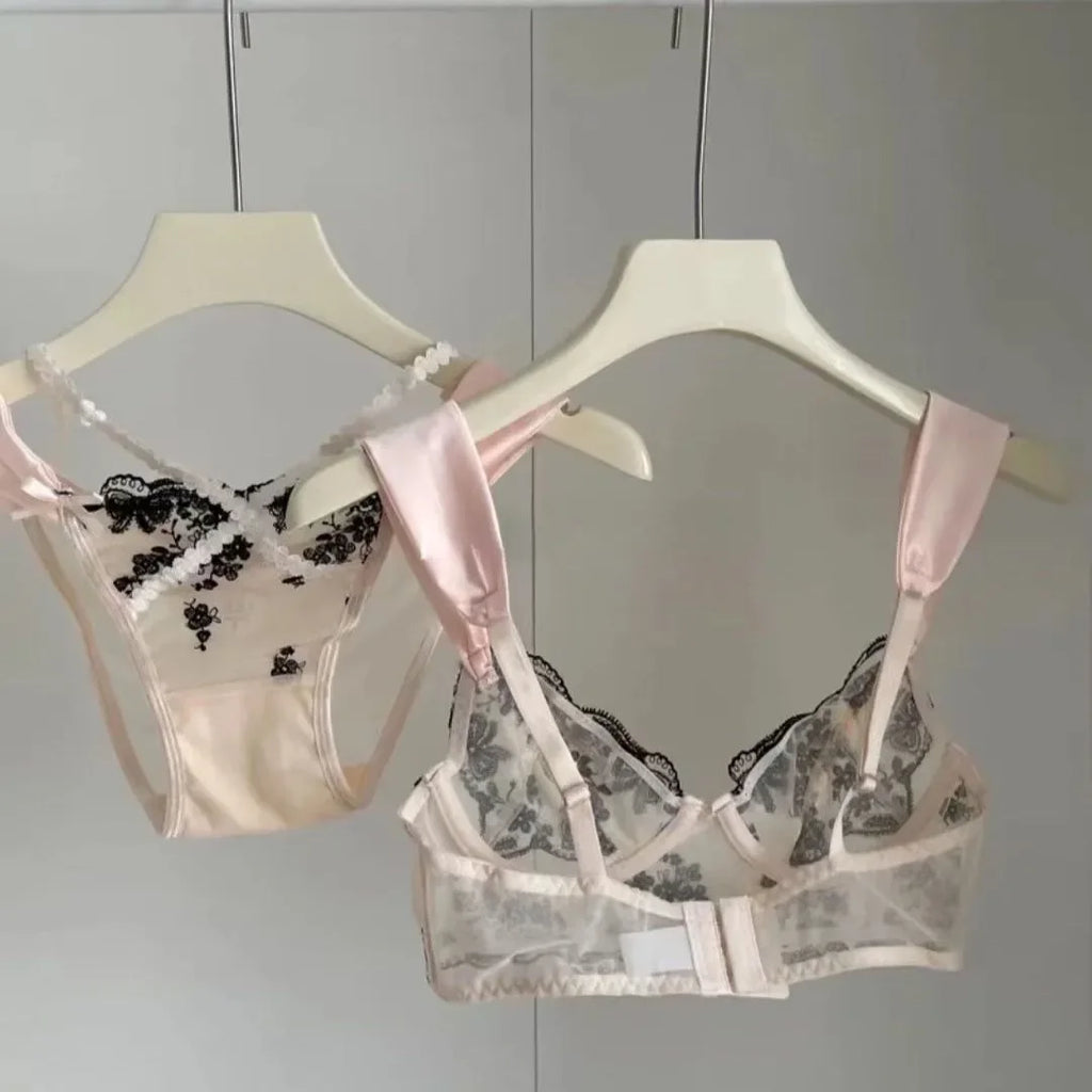 Rich Burgundy Floral Embroidery Push-Up Set with Contrast Strapping