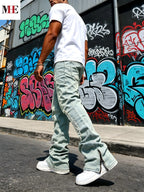 Men's Vintage Wash Flared Denim Jeans with Distressed Details and Relaxed Streetwear Fit