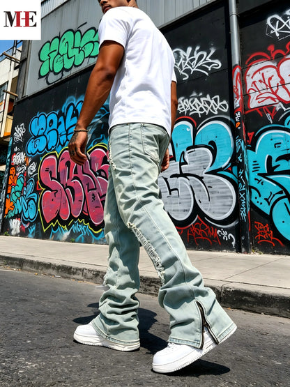 Men's Vintage Wash Flared Denim Jeans with Distressed Details and Relaxed Streetwear Fit