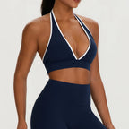 Color-Blocking Deep-V Halter Sports Bra with Contrast Binding