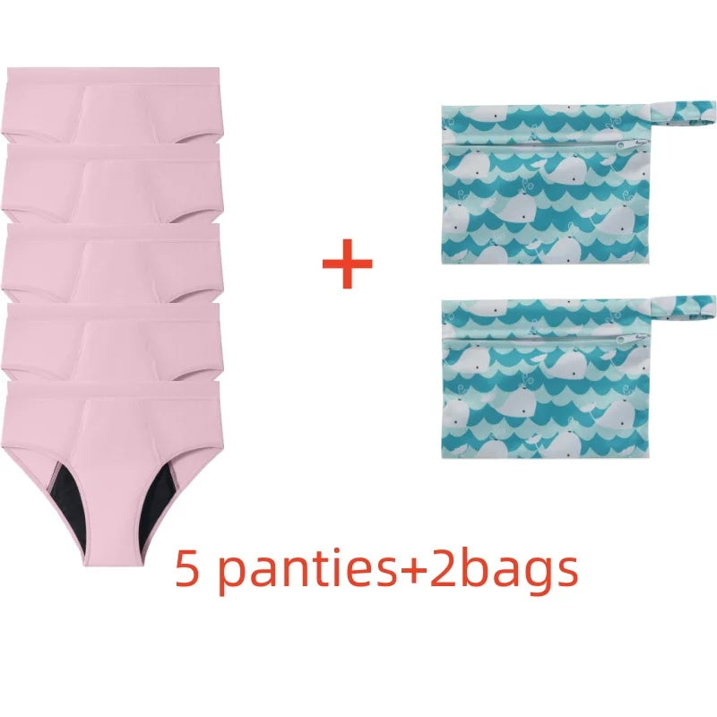 Five-Piece Solid Black Menstrual Brief Set with Two Printed Travel Bags