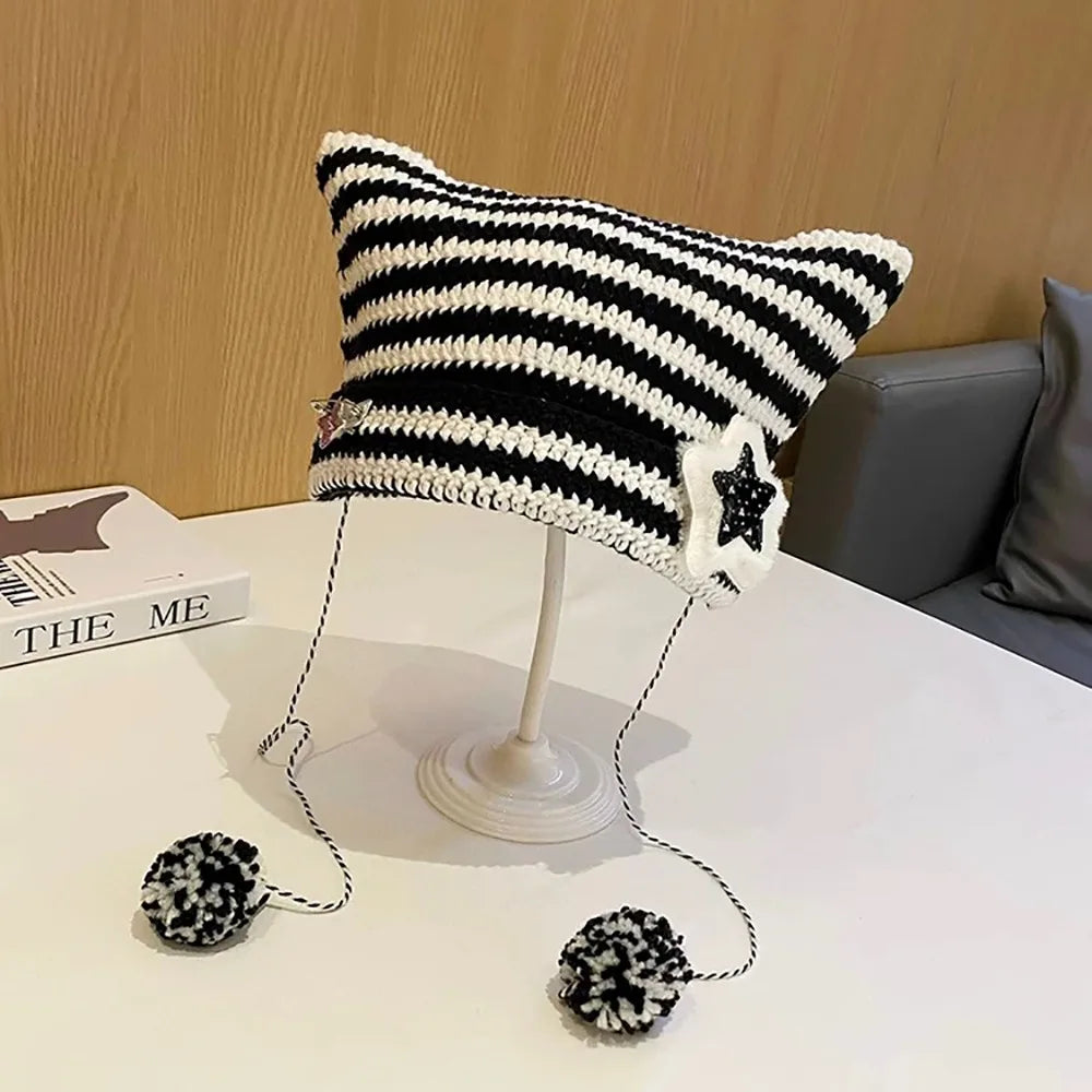 Striped Pointed Knit Beanie with Ear Accents for Playful Streetwear Winter Fashion Style