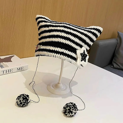 Striped Pointed Knit Beanie with Ear Accents for Playful Streetwear Winter Fashion Style