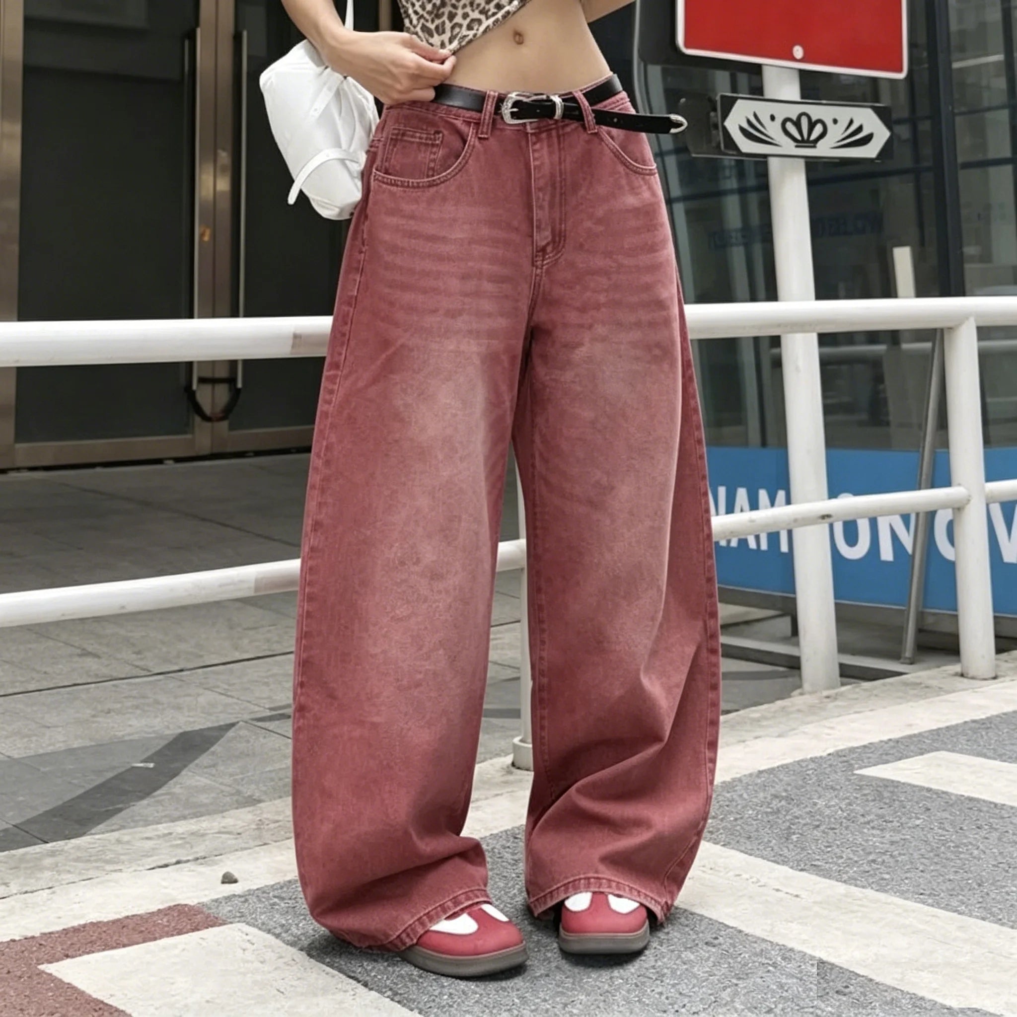 Vintage Washed Baggy Wide Leg Denim Jeans with Mid Rise Relaxed Streetwear Fit