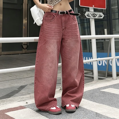 Vintage Washed Baggy Wide Leg Denim Jeans with Mid Rise Relaxed Streetwear Fit