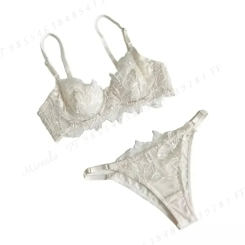 Embroidered Sheer Floral Lace Demi-Cup Bra and Matching Low-Rise Thong Set