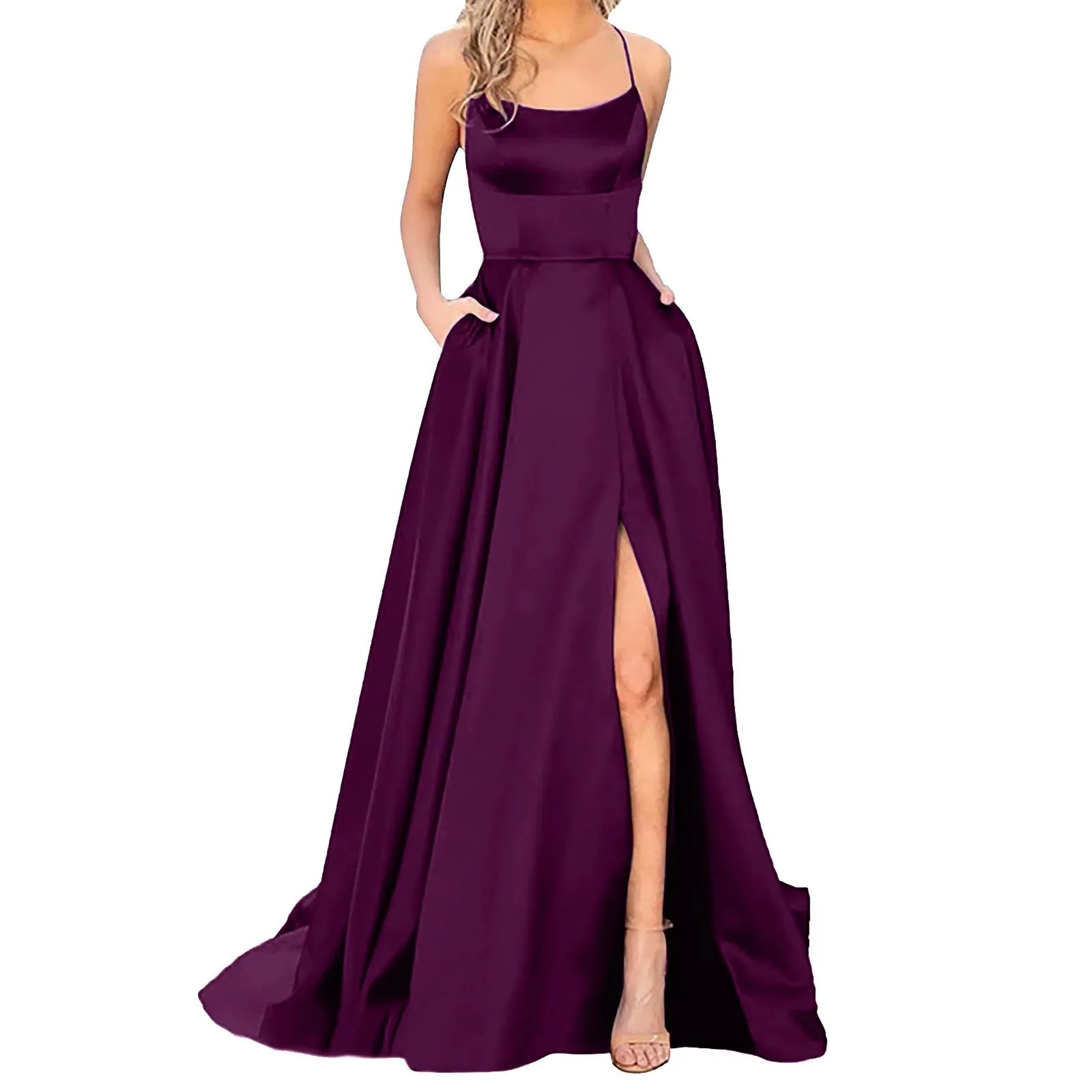 Spaghetti Strap Maxi Dress with Open Back Design and Side Slit Detail