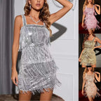 Golden Sequin Fringe Mini Dress with Square Neckline