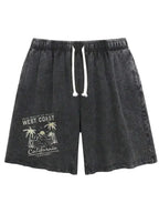Men's Washed Cotton Shorts with Graphic Artwork and Relaxed Drawstring Everyday Casual Fit