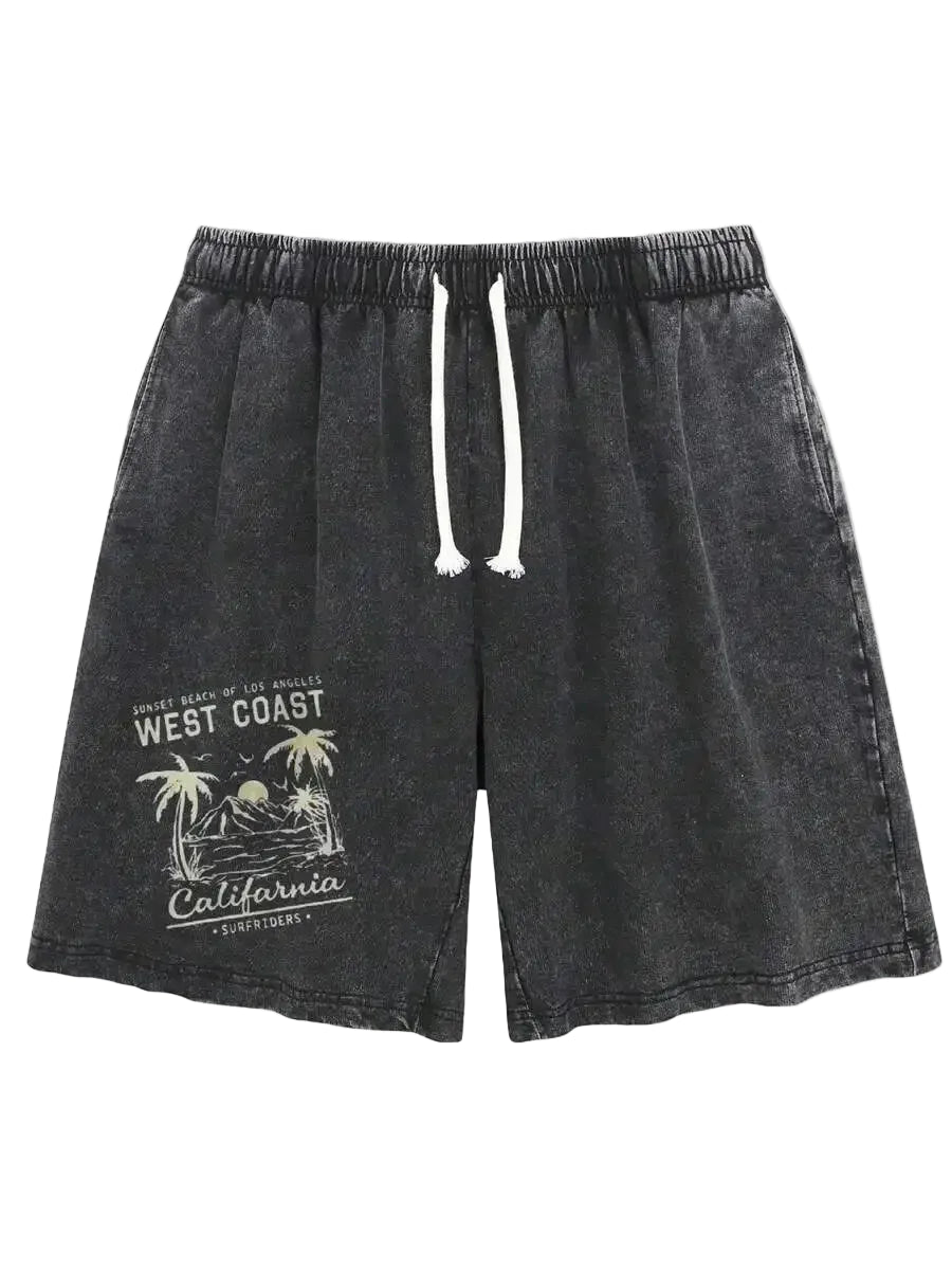 Men's Washed Cotton Shorts with Graphic Artwork and Relaxed Drawstring Everyday Casual Fit
