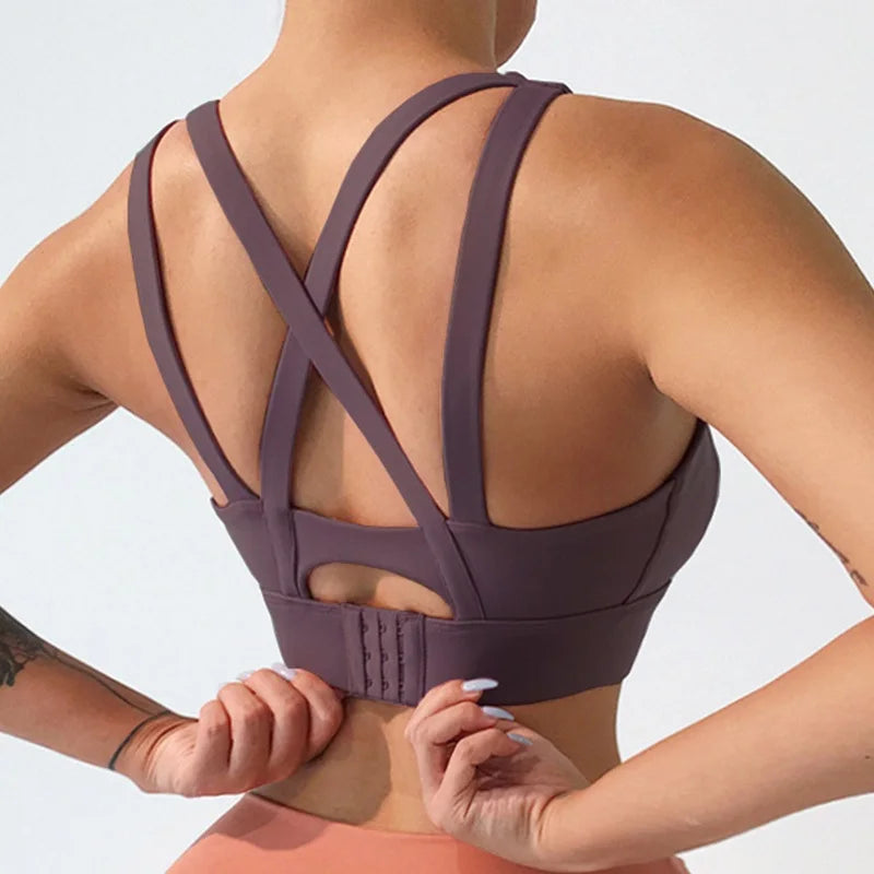 Mauve Criss-Cross Back Sports Bra with Keyhole Detail and Adjustable Band